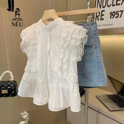 Áo sơ mi cổ yếm xếp viền ren- A20